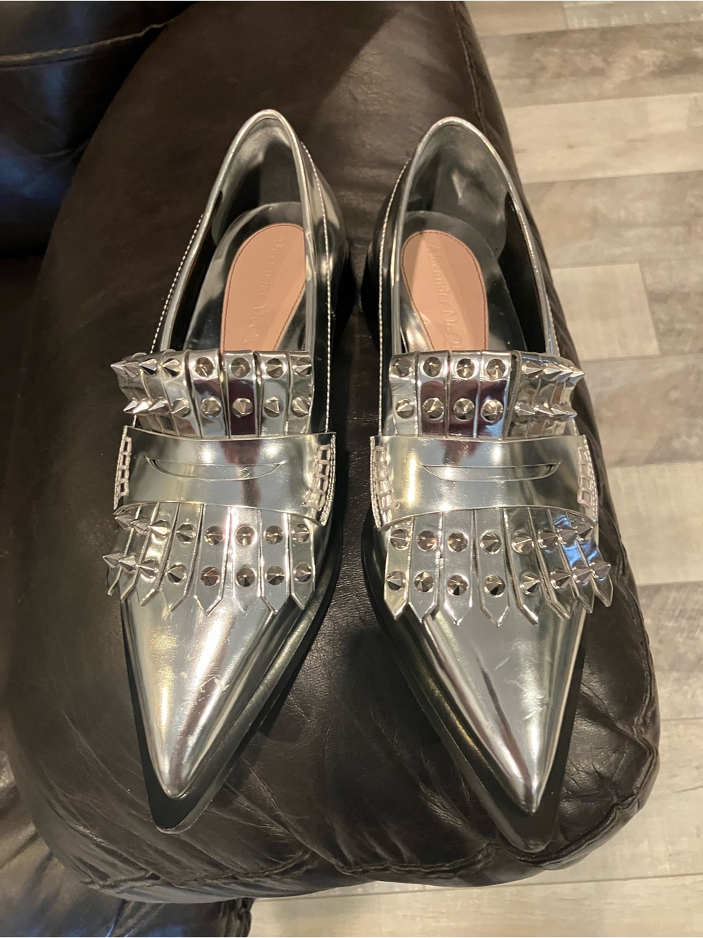 Alexander McQueen Silver Pointed Studded Fringe Loafers